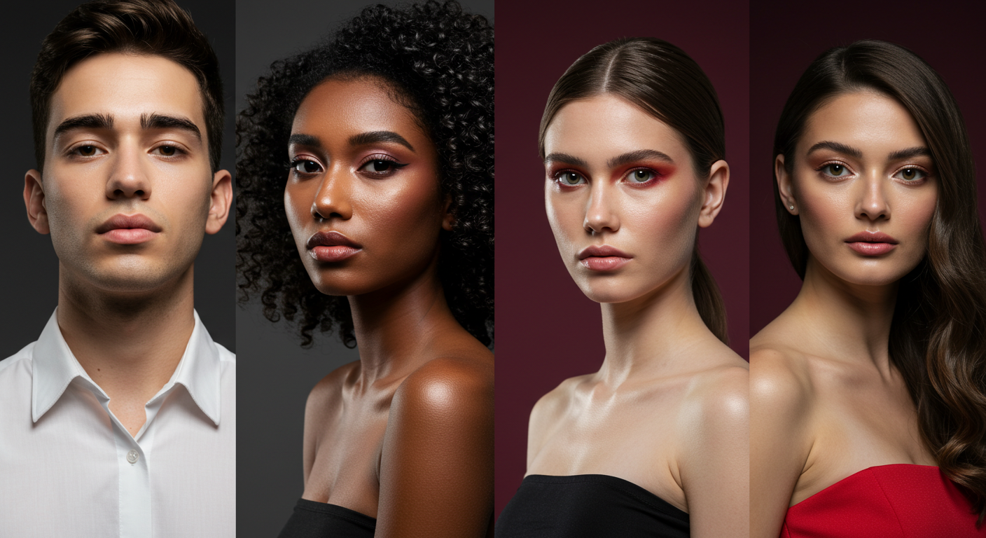 Diverse beauty products for women showcased on models with various styles and makeup looks