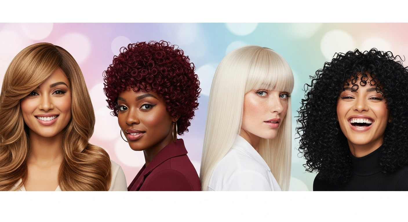 Fashion wigs collection featuring long curly black hair with a top bun style on mannequin