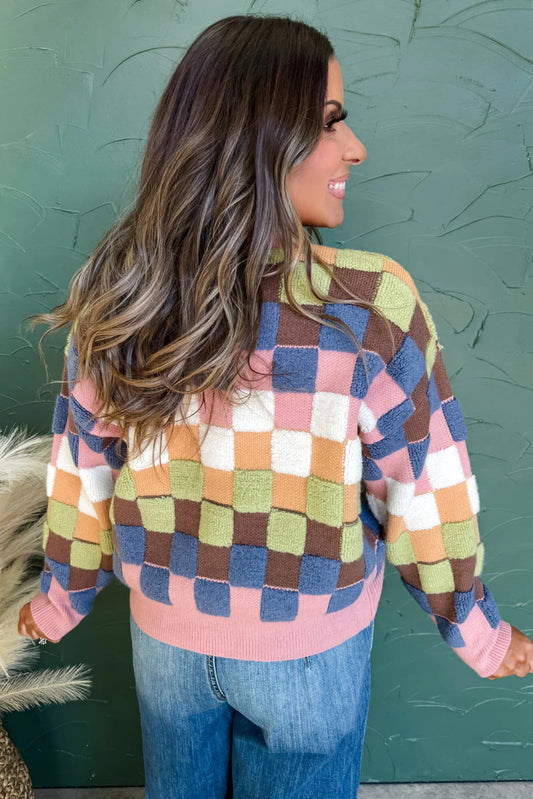 Multicolor Checkered Cardigan Sweater
