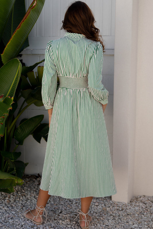Green Stripe Midi Dress Button Front