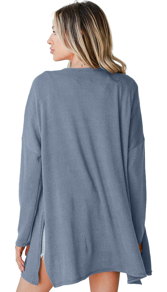 Blue Rib Knit Open Front Cardigan