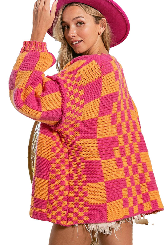 Multicolor Checkered Knit Cardigan