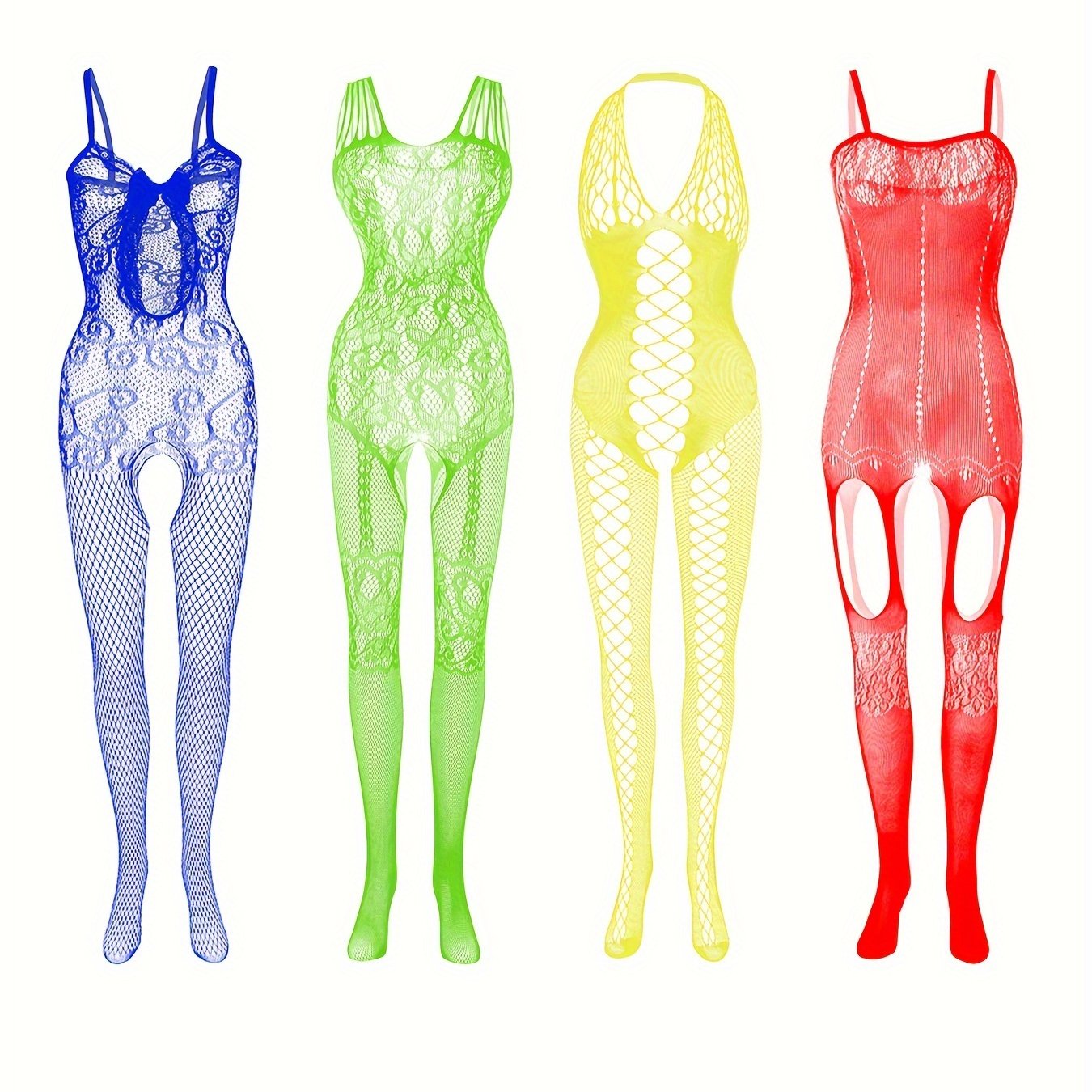 4-Pack Fishnet Bodystocking Set With Jacquard Design & Open Crotch - Women's