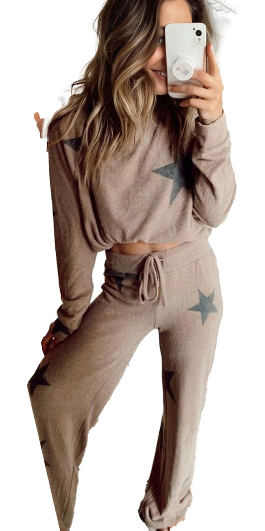 Khaki Star Print Lounge Set For Cozy Style