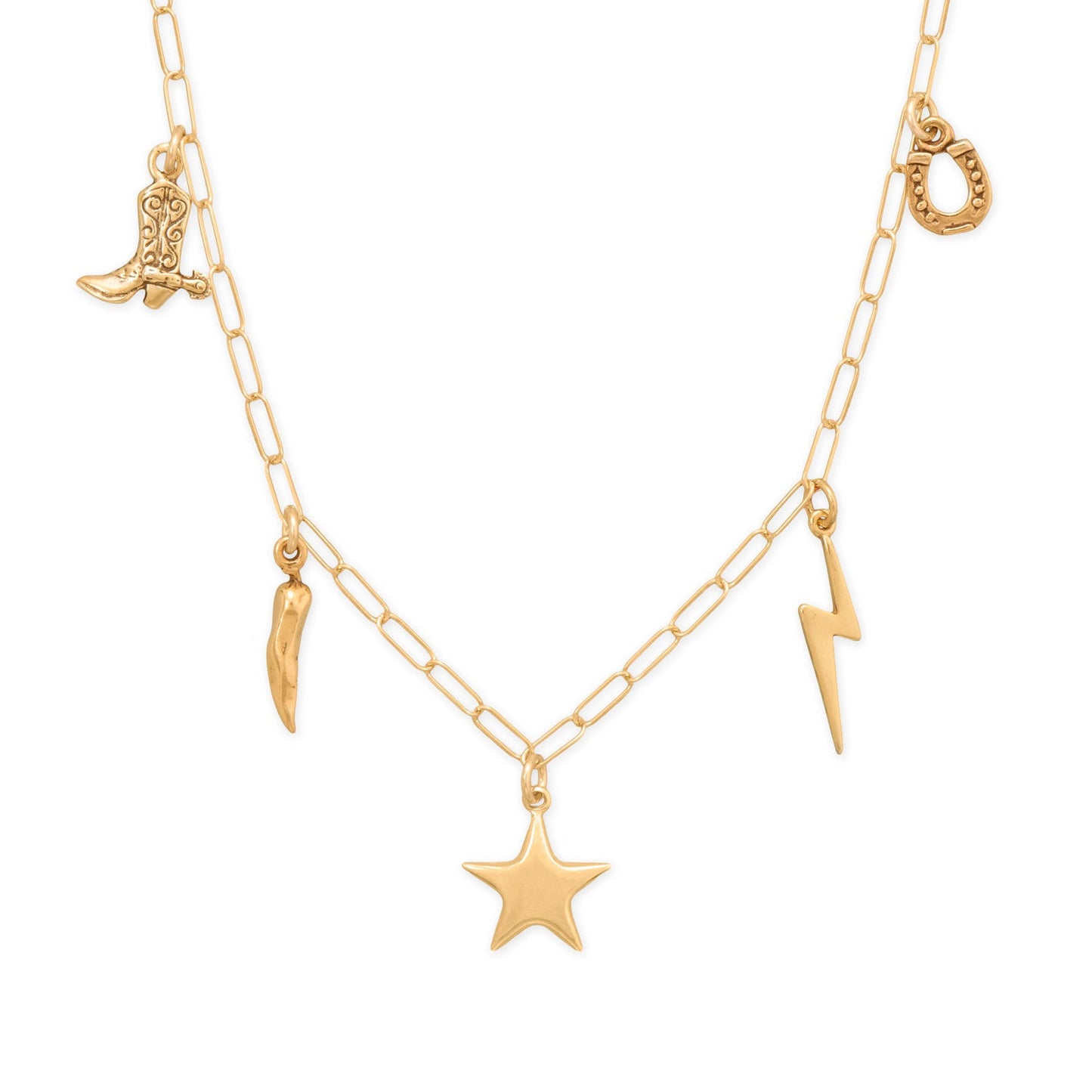 14k gold plated charm necklace featuring stars, lightning bolts, and whimsical charms