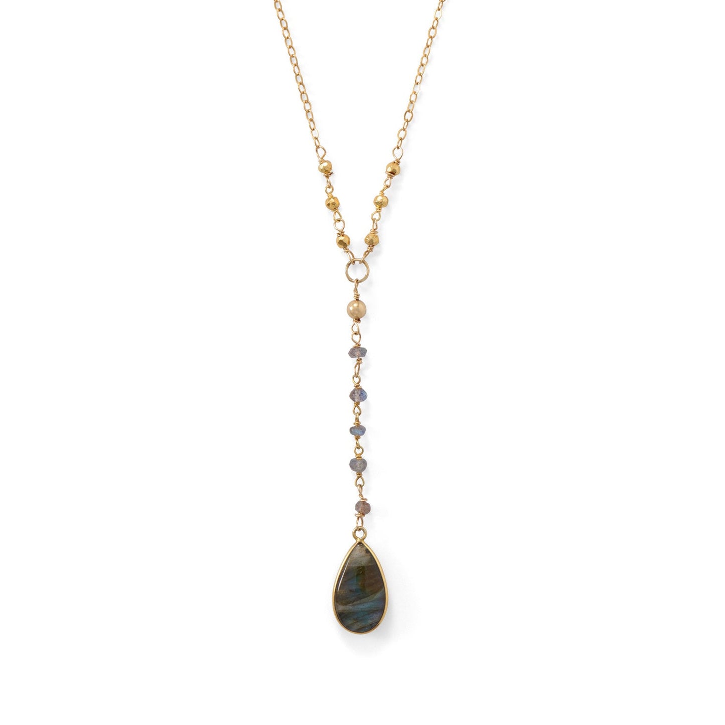 14k gold plated labradorite necklace with a teardrop pendant and gemstone accents