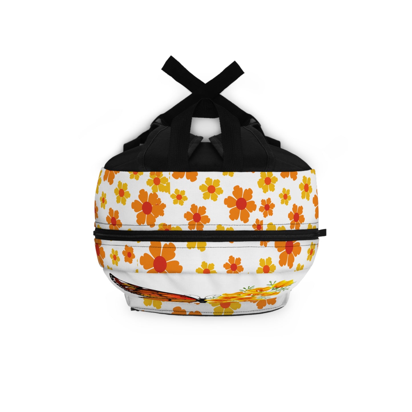 Custom butterfly backpack with a vibrant flower design in orange and yellow, ideal for school or outdoor use