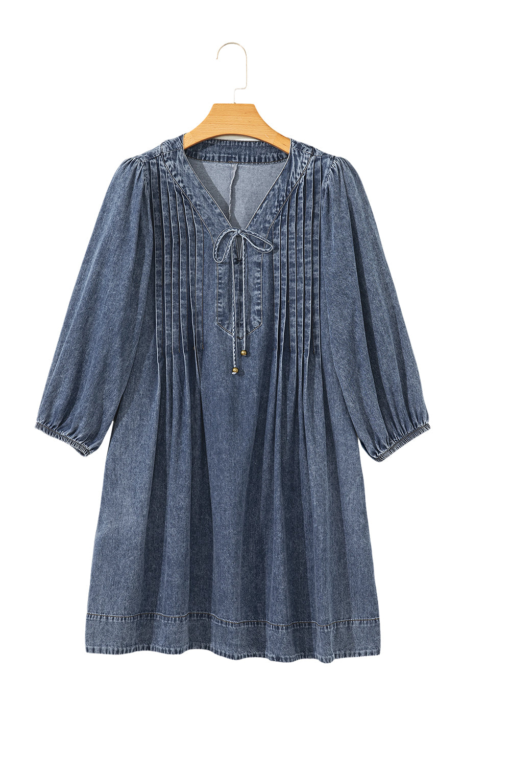 Denim Mini Dress With Tie Neck Long Sleeve