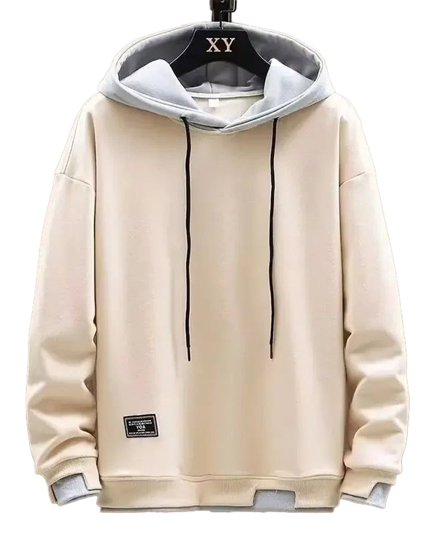 LuckeLadybug LLC 2024 mens streetwear hoodies in beige with a stylish layered design and adjustable drawstring