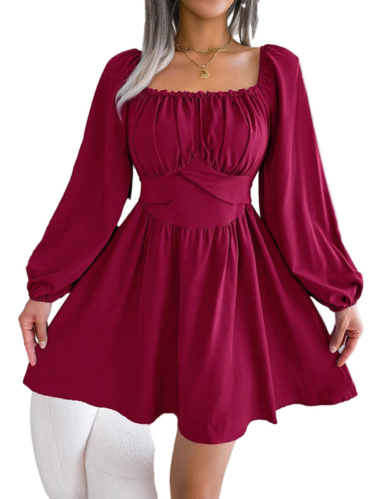 Burgundy 2025 autumn square neck mini dress with long sleeves and a fitted waist for stylish fall outings
