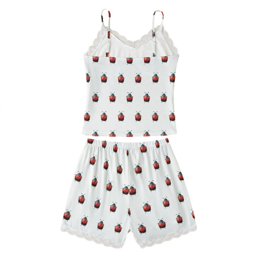White ladybug-print pajama set.