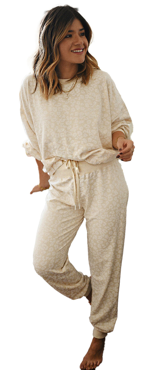 White Cheetah Print Loungewear Set