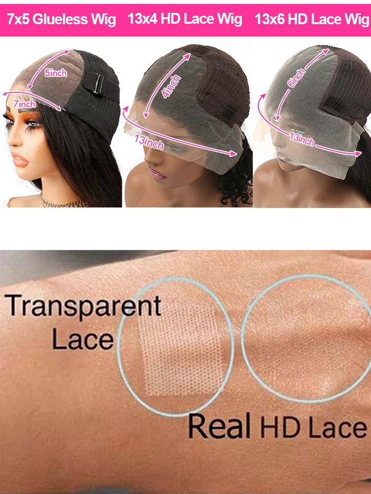 300 density deep wave human hair wig shown with various cap sizes and lace types