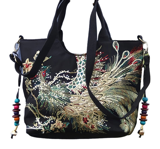 Wo's Embroidered Satchel Bag - Retro Double Handle Handbag with