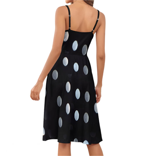 Vestido largo con tirantes y lunares en blanco y negro