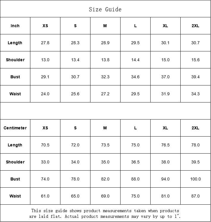 A size guide table for clothing measurements in inches and centimeters, ranging from XS to 2XL.