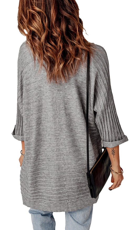 Gray Ribbed Knit Cardigan For Trendy Style