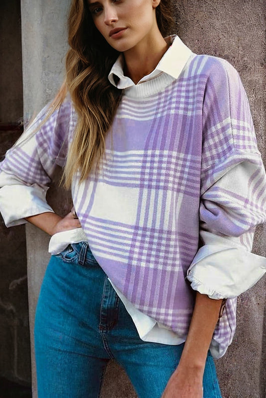 Lilac Plaid Sweater For Trendy Fashion
