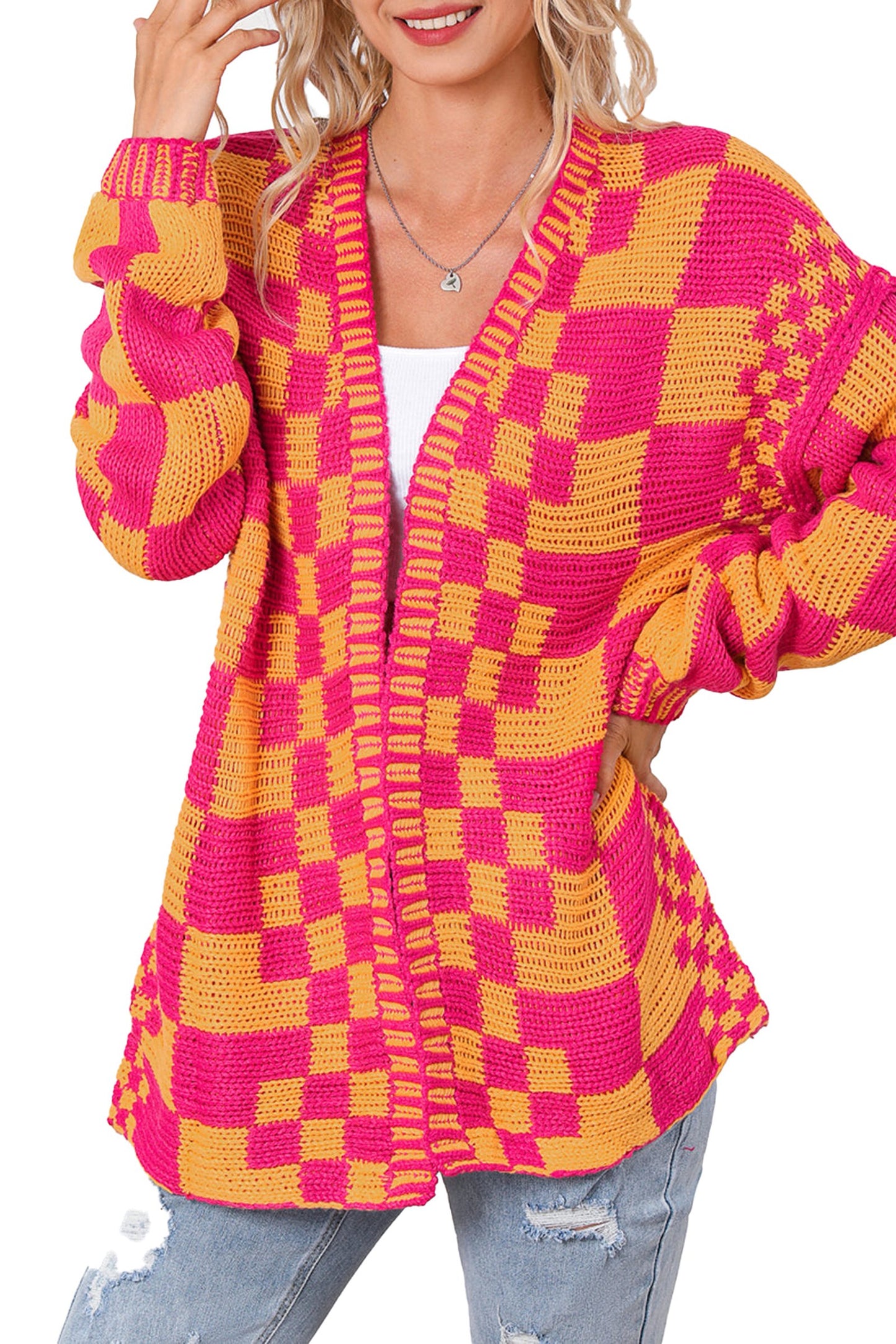 Multicolor Checkered Knit Cardigan