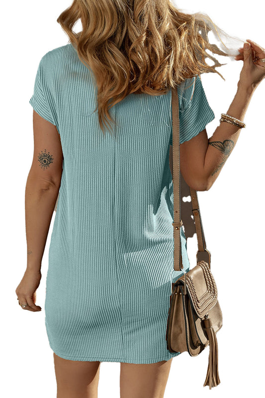 Back view of woman wearing a blue striped t-shirt dress ribbed fabric with tan crossbody bag