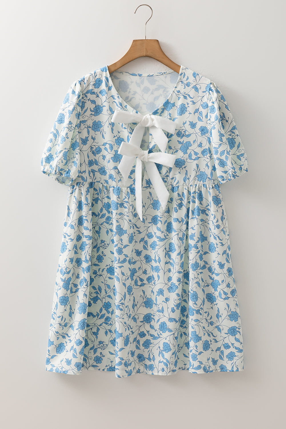 Sky Blue Leopard Mini Dress Puff-Sleeve Bow