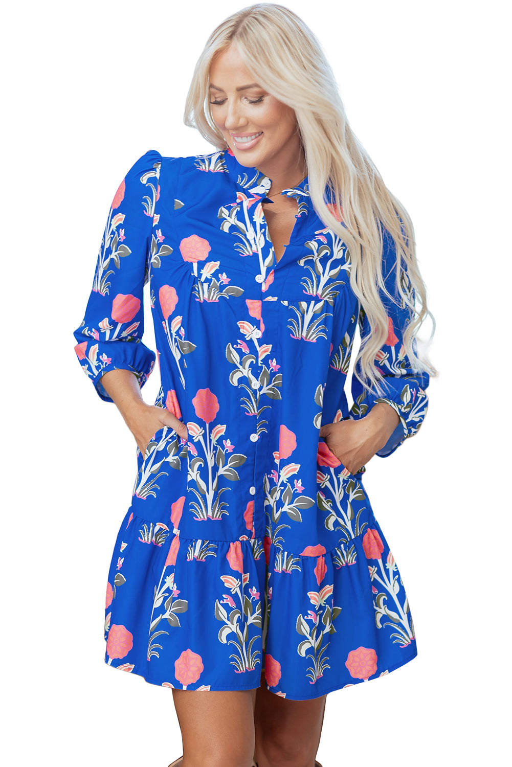 Blue Floral Print Dress Ruffle Hem