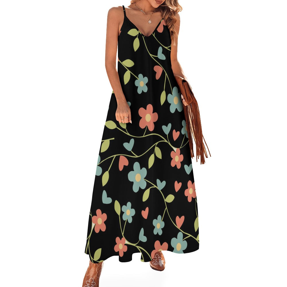 Sling Ankle Long Dress Black Floral Print Women'S Dress
