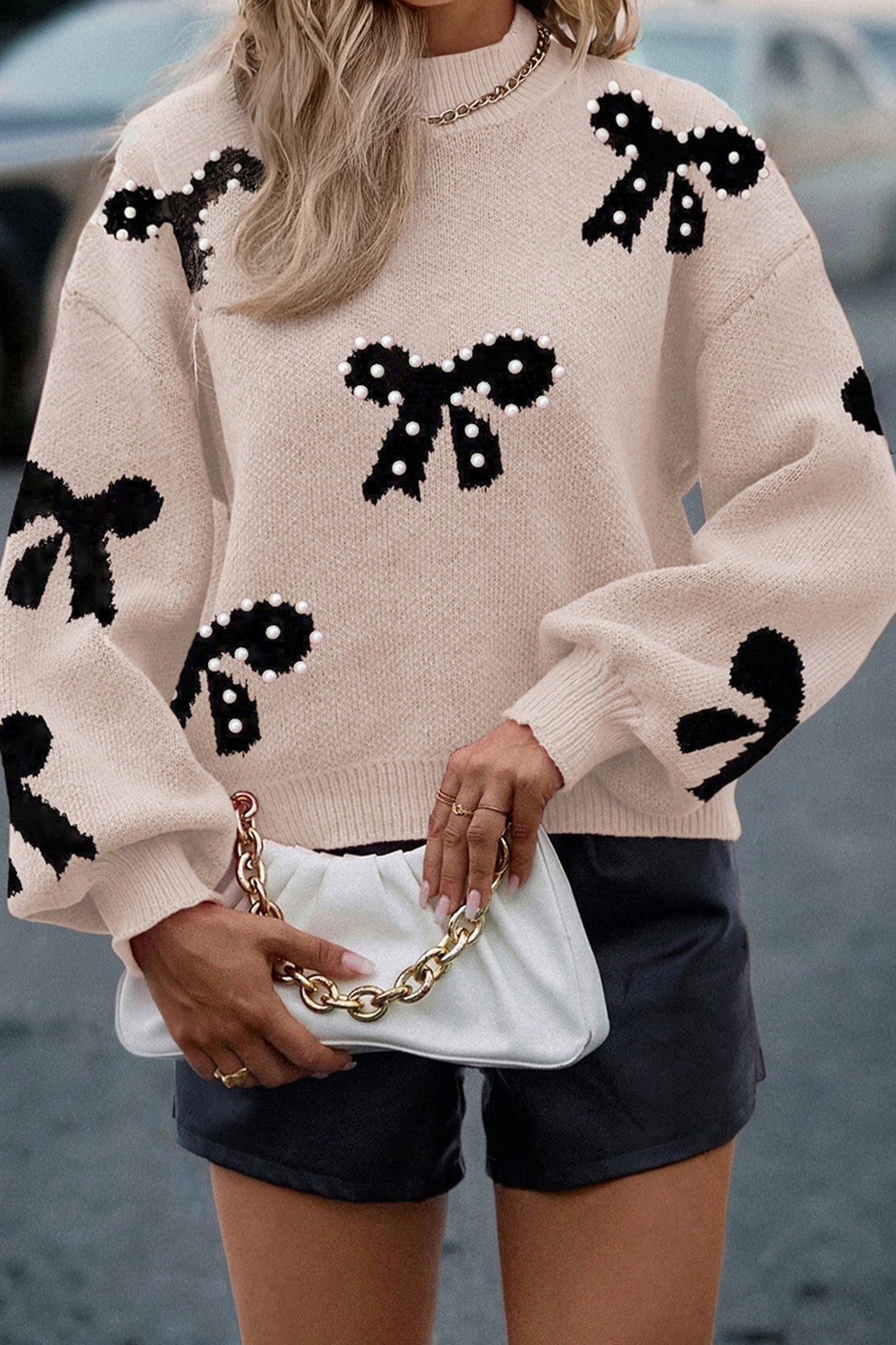 Pearl Embellished Bow Sweater For Chic Style