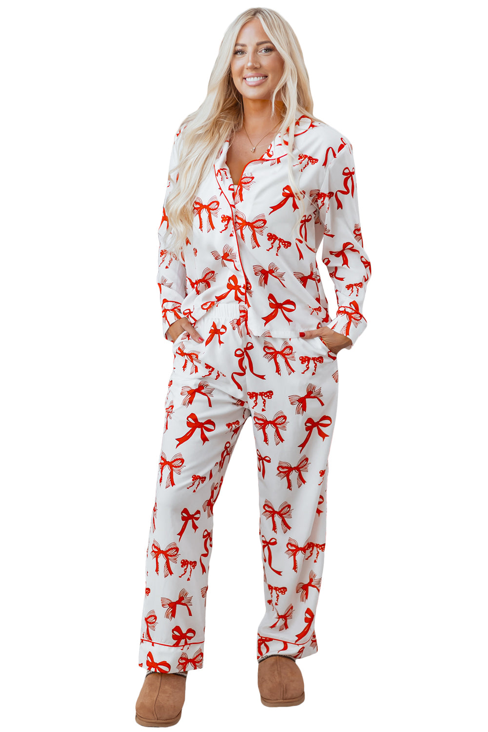 Red Christmas Bow Pajama Set For Women