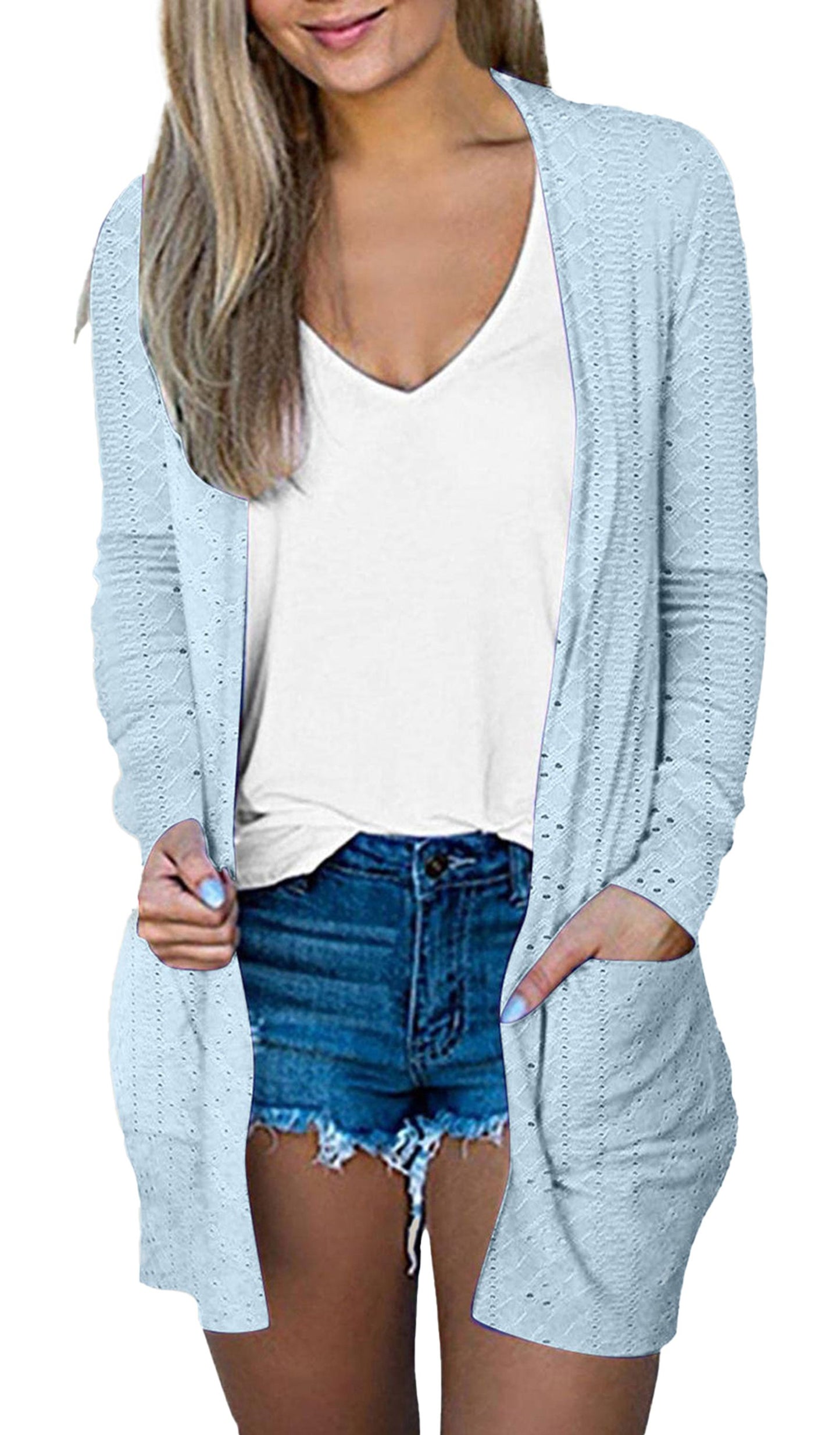 Mist Blue Open Front Cardigan For Women
