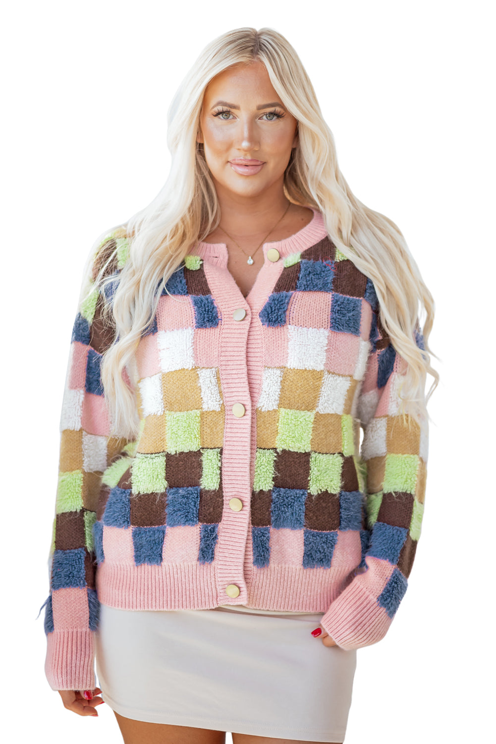 Multicolor Checkered Cardigan Sweater