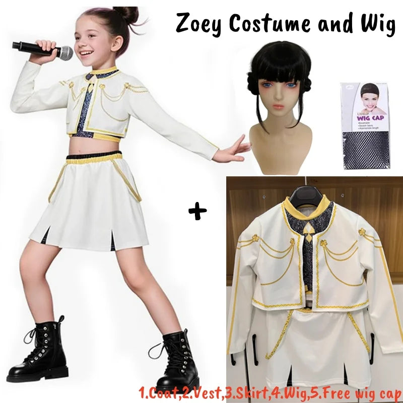 K-Pop demon hunters costume for kids featuring a stylish white outfit and wig for creative play