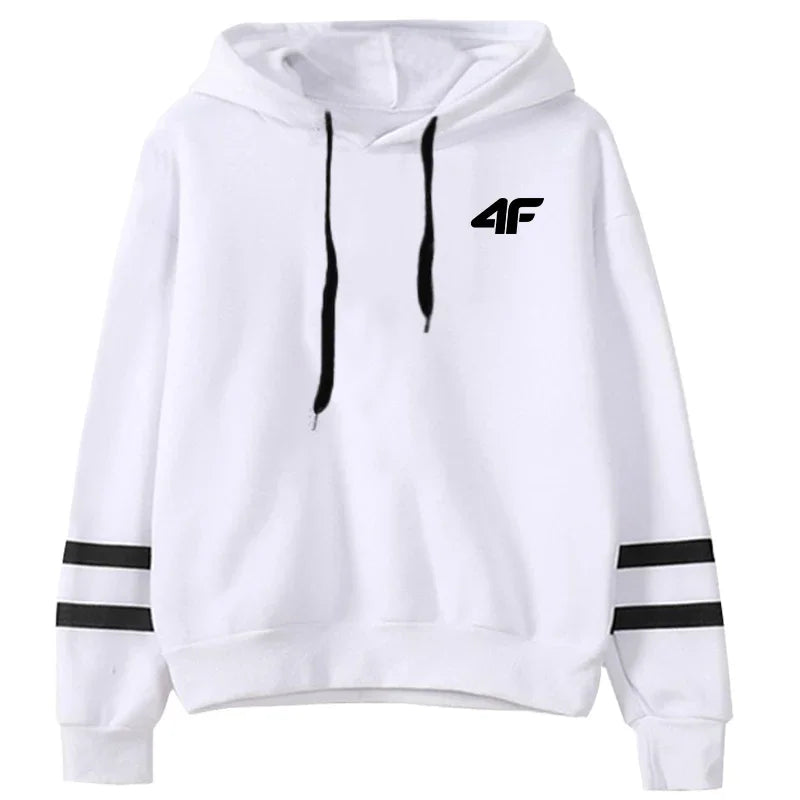 High quality women's hooded sweatshirt in white with black stripes and logo accents