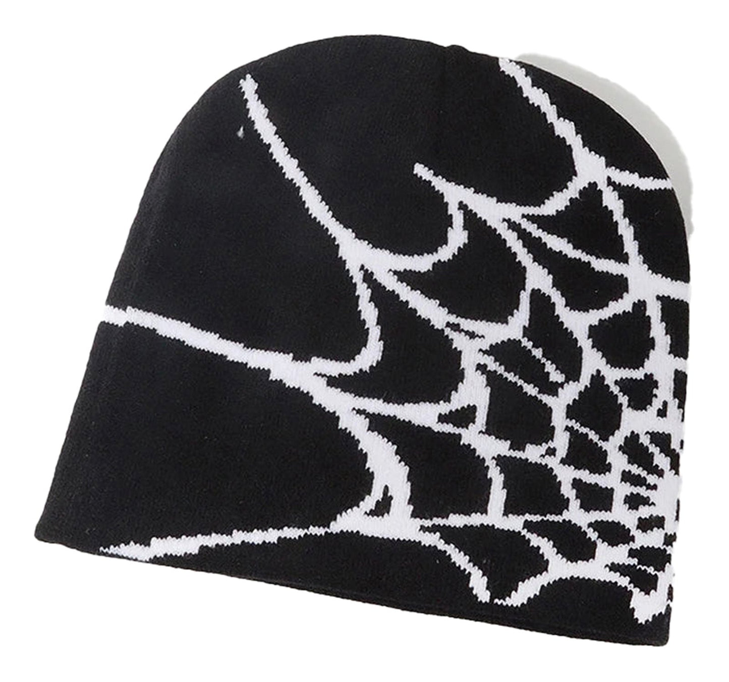 Black cartoon spider embroidered beanie featuring a white spider web design for a stylish look