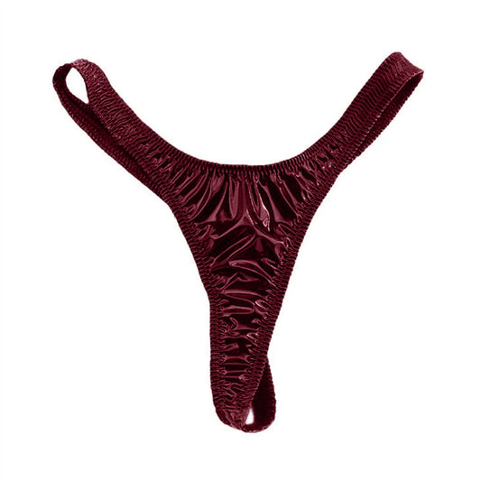 Burgundy shiny patent leather thong with ruching for a stylish look