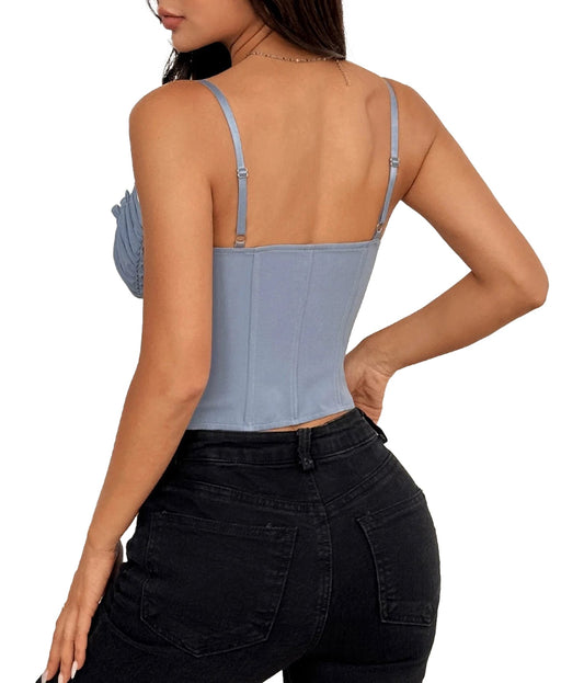 Sexy mesh corset top in light blue with adjustable straps and a fitted design