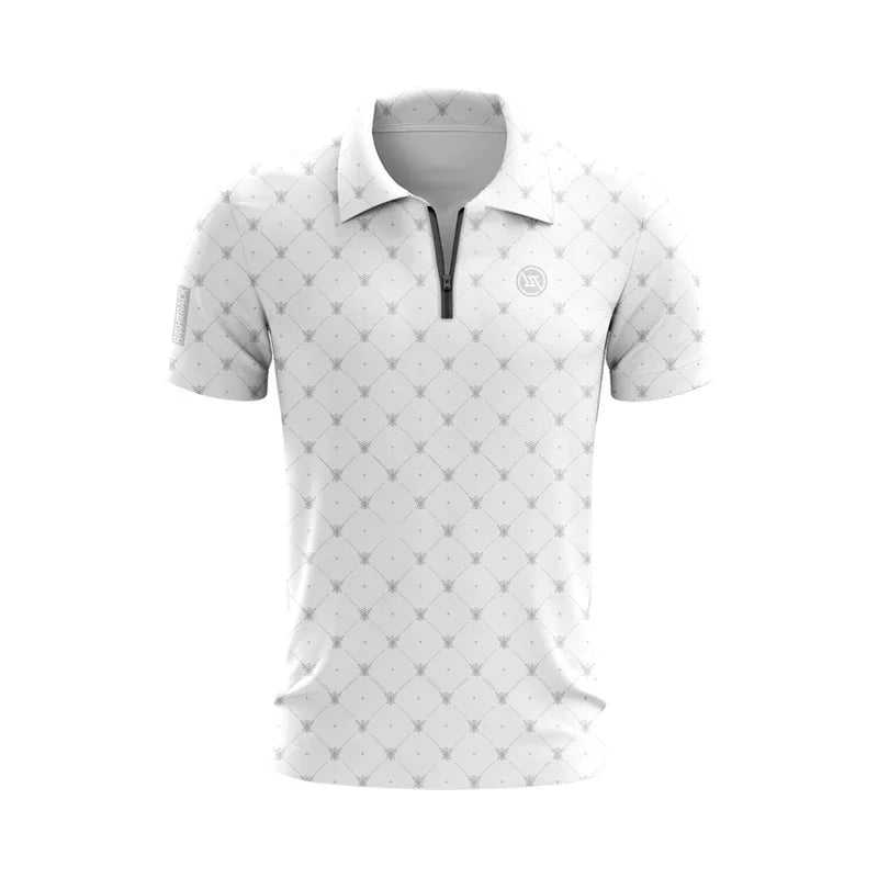 Men's zippered polo shirt in white with a stylish pattern for casual and athletic wear