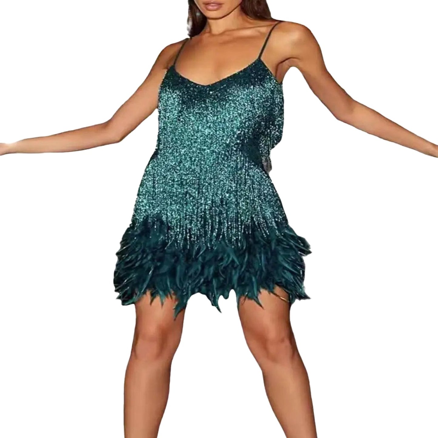 Sparkling teal swing dress with feather accents, perfect for parties, showcasing a white gold tassel mini dress style