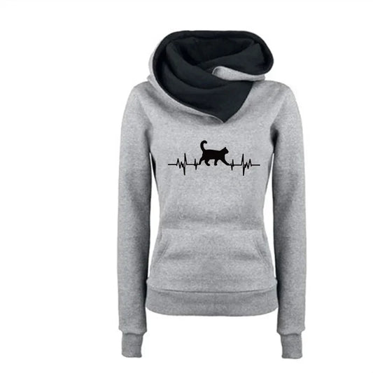 LuckeLadybug women's autumn winter sweatshirts in gray with cat heartbeat design and cozy hood