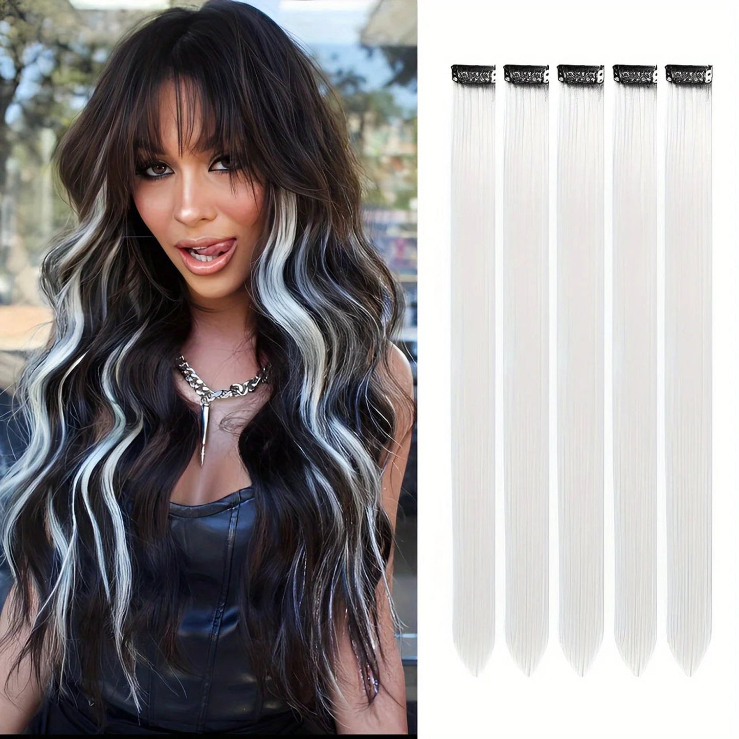 LuckeLadybug LLC synthetic clip in hair extensions featuring long straight hair with highlights