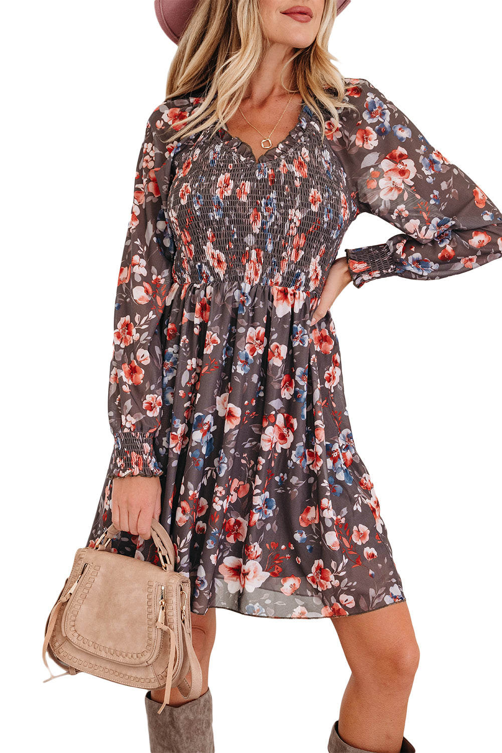 Brown Floral Mesh Mini Dress Smocked V-Neck
