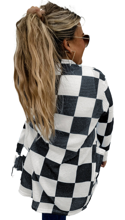 Black Checkered Waffle Knit Cardigan