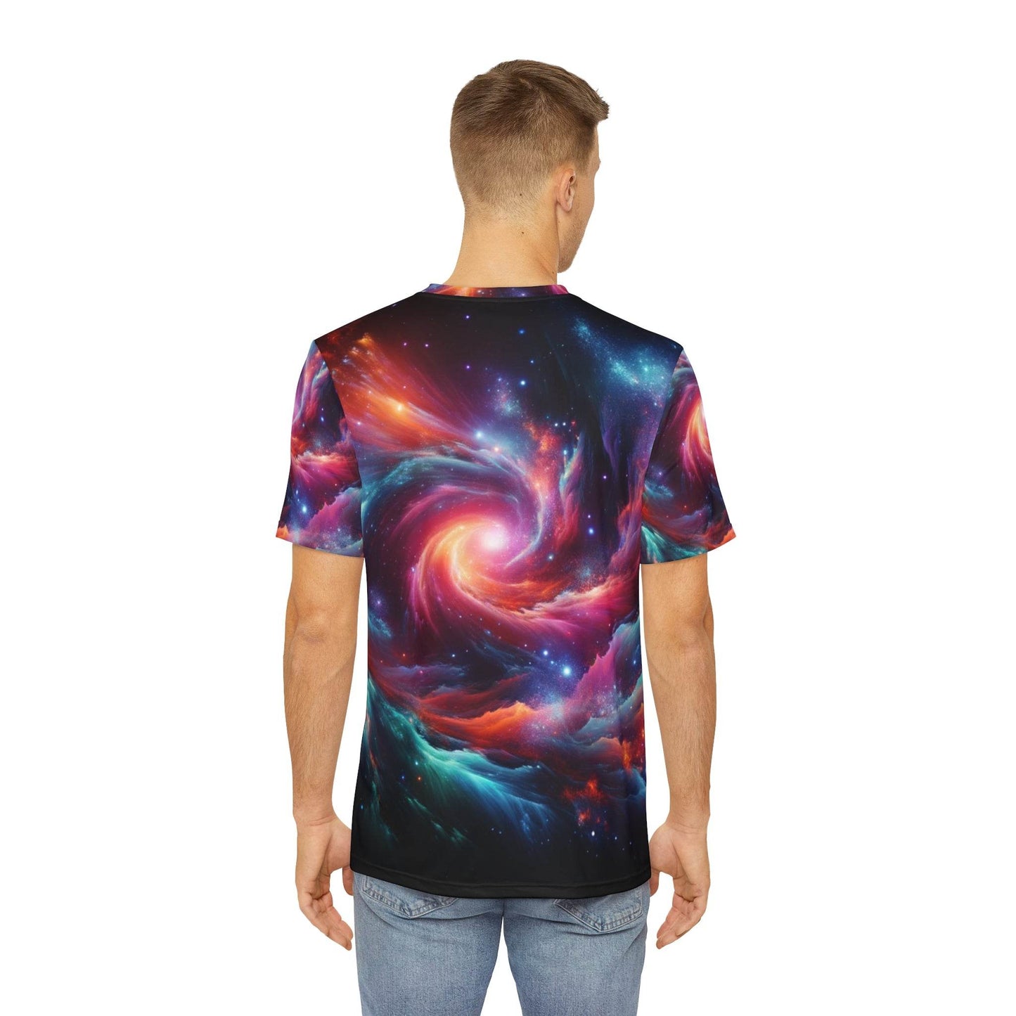 Back view of abstract cosmic fashion tee by LuckeLadybug featuring vibrant galaxy swirl design