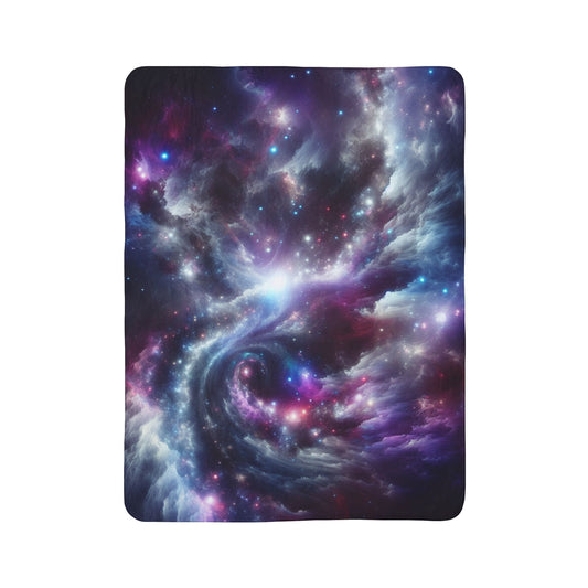 Abstract galaxy sherpa blanket by LuckeLadybug featuring vibrant cosmic design with stars and swirling nebula patterns
