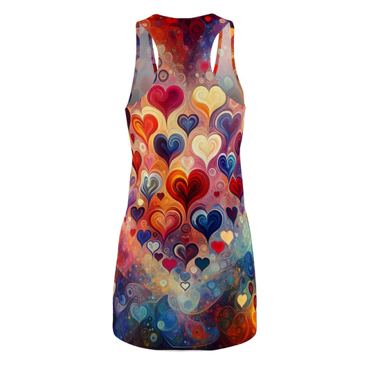LuckeLadybug racerback dress featuring vibrant abstract heart print dress design with colorful swirling patterns