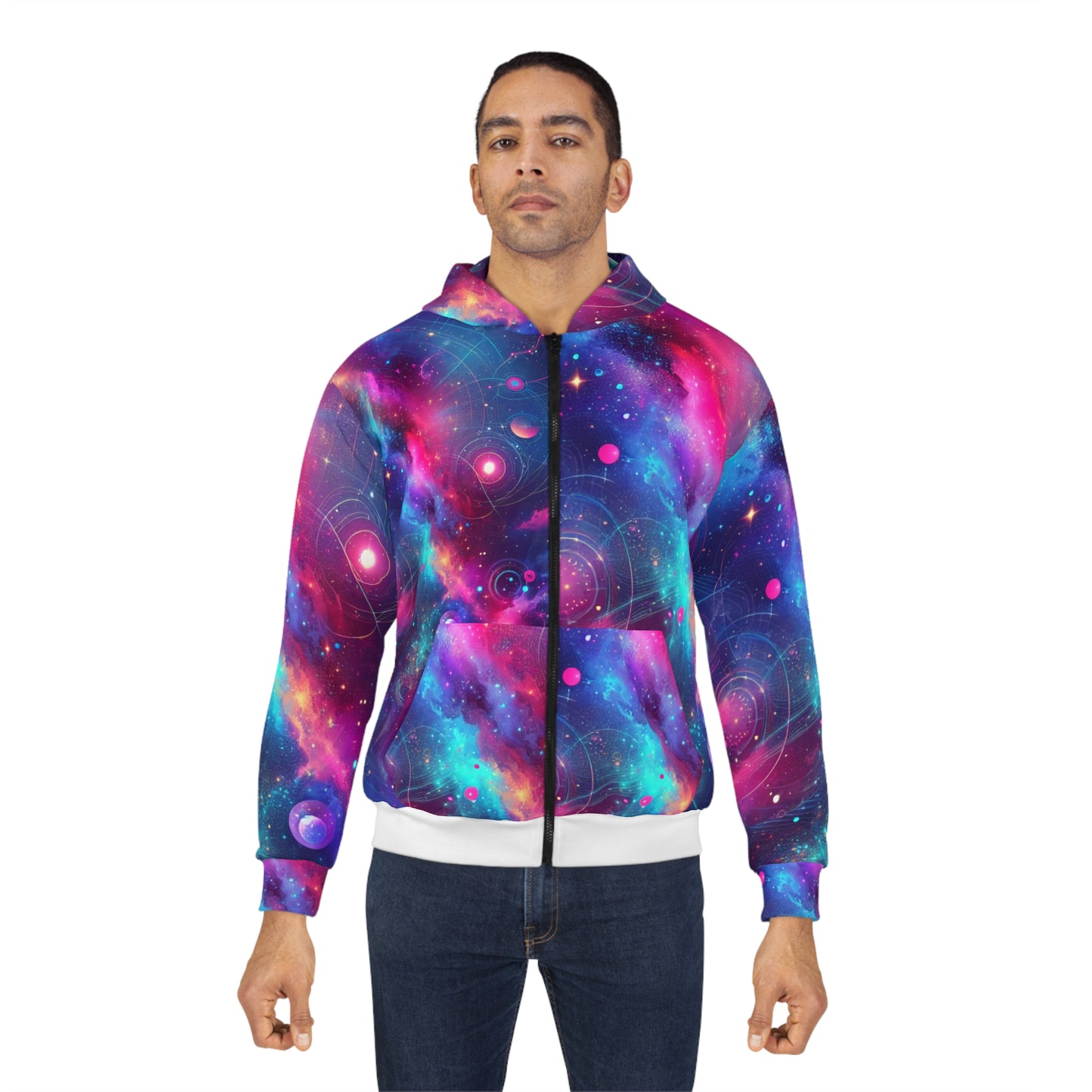 LuckeLadybug abstract space print hoodie with vibrant galaxy design and full zip front