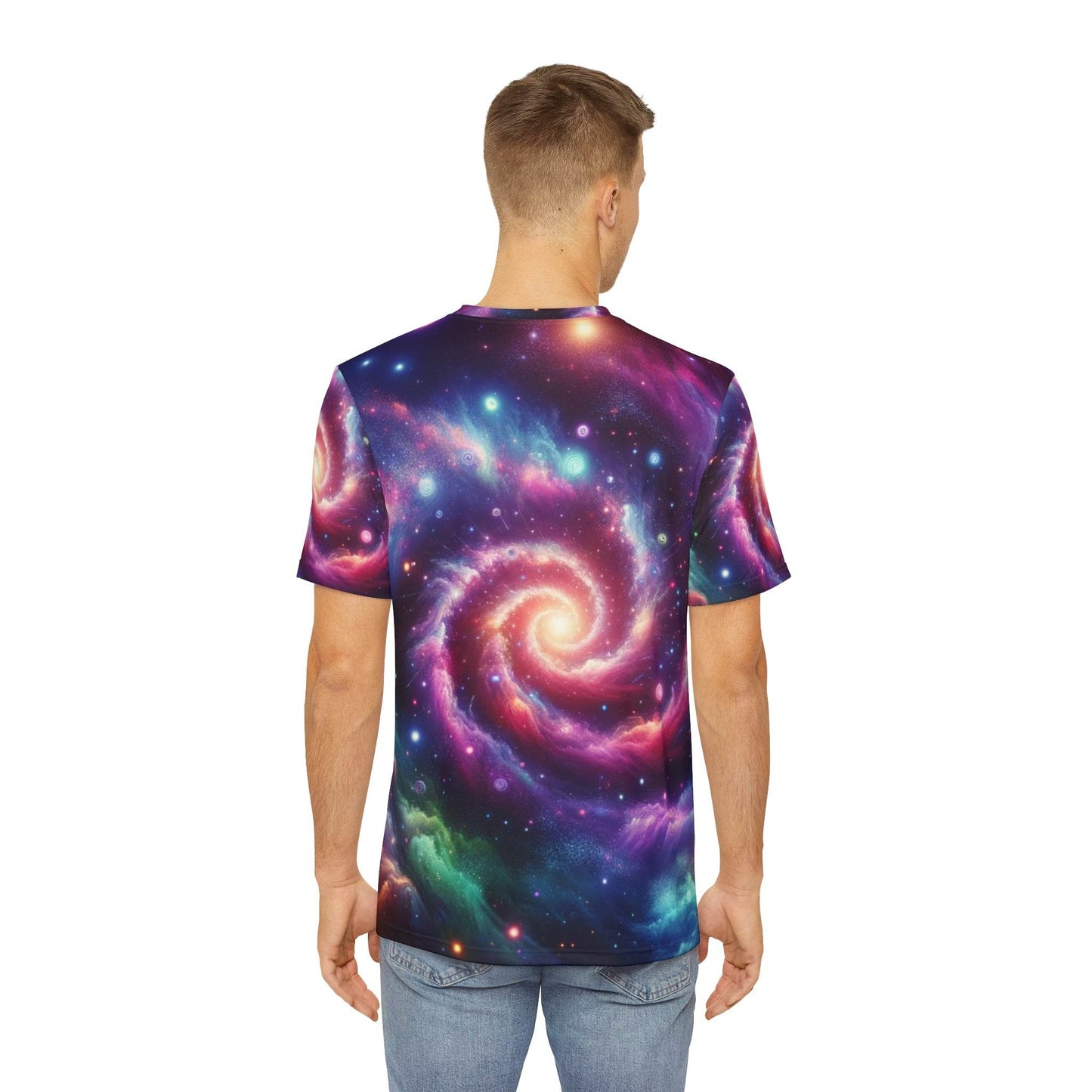 LuckeLadybug abstract space print shirt for men featuring vibrant galaxy swirl design on back