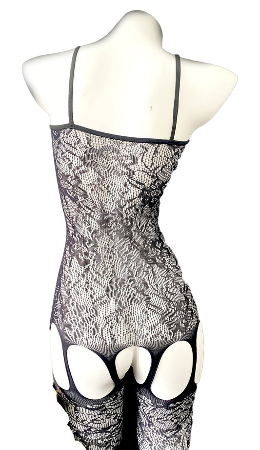 Back View of Hollow Out Jacquard Sleeveless Bodystocking