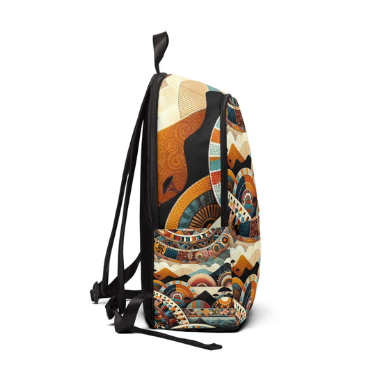 LuckeLadybug African abstract backpack with colorful geometric patterns and black adjustable straps