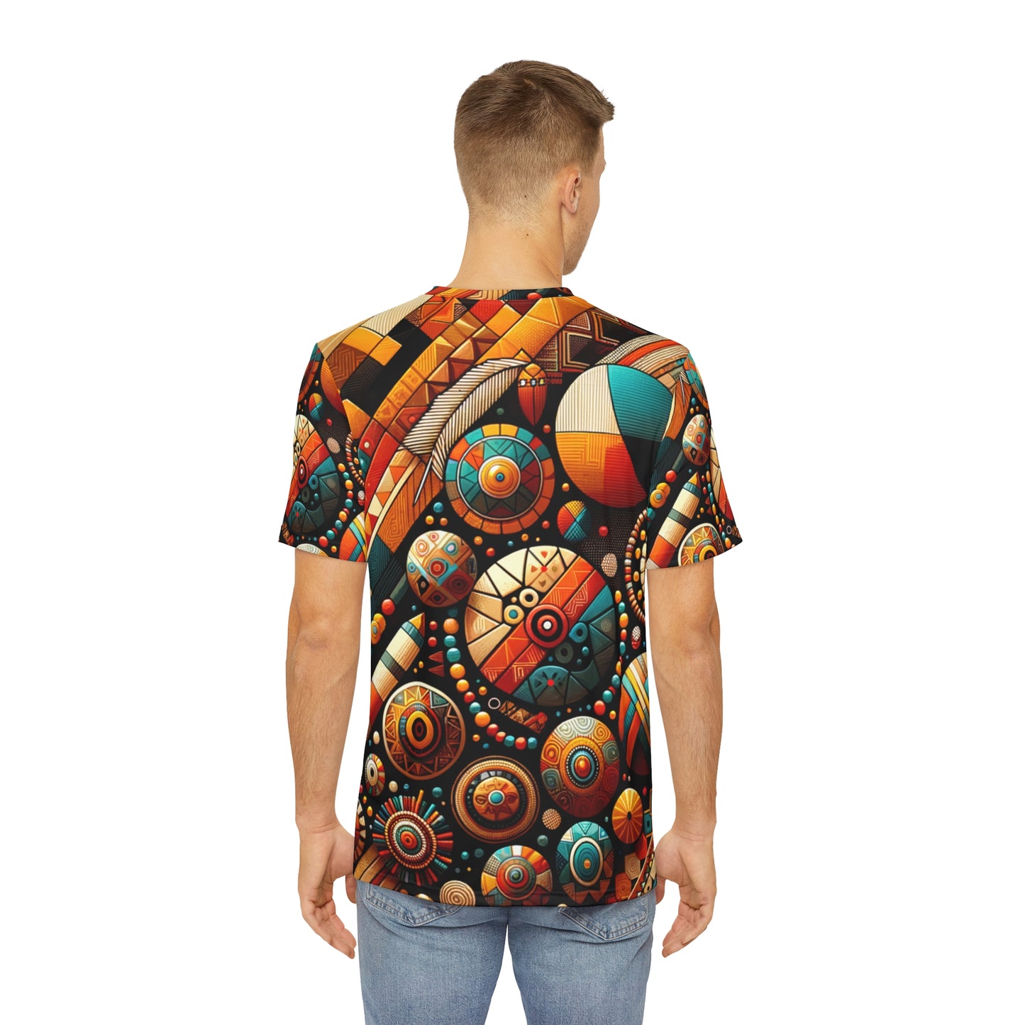 African abstract t shirt for men featuring colorful geometric and circular patterns on the back